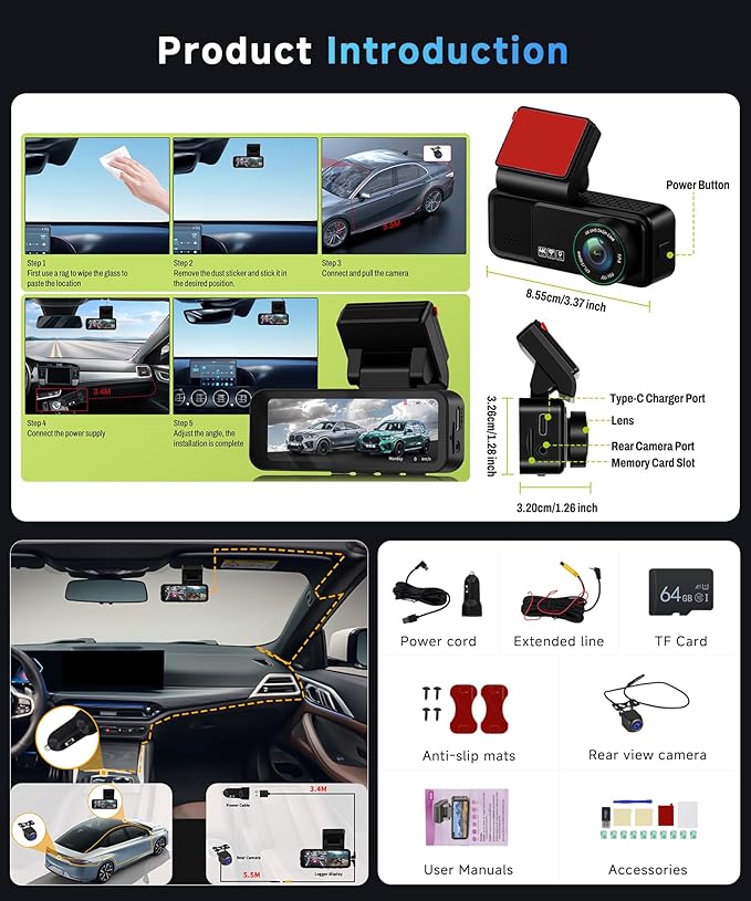 2 Channel 4K Dash Cam Front and Rear, 3.16 Inch Dash Camera Support WiFi GPS Starlight Night Vision Sensitive Motion Detection 24/7 Recording Parking Mode Monitor Reversing Help ADAS BSD LCA