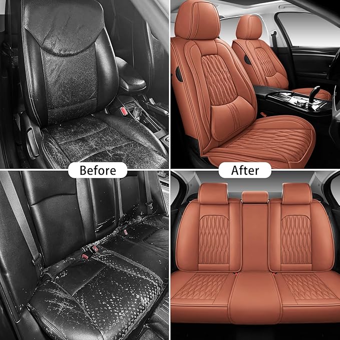 WELLDO Car Seat Covers Full Set, Leather Seat Covers for Car, Waterproof Car Seat Protector with Lumbar Support, Automotive Seat Covers Universal Fit for Most Cars SUV Truck, Brown