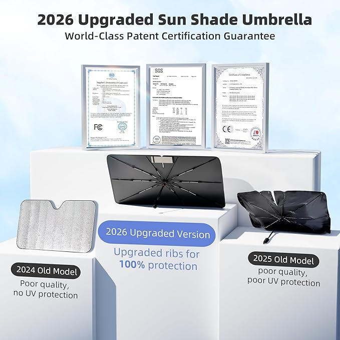 Windshield Sun Shade for Ford F150, Custom Fit 2015–2026, UPF 50+ UV Protection, Multi-Layer Heat Shield, 10-Rib Reinforced Frame, Easy Open Umbrella Design, Essential Premium Car Accessories