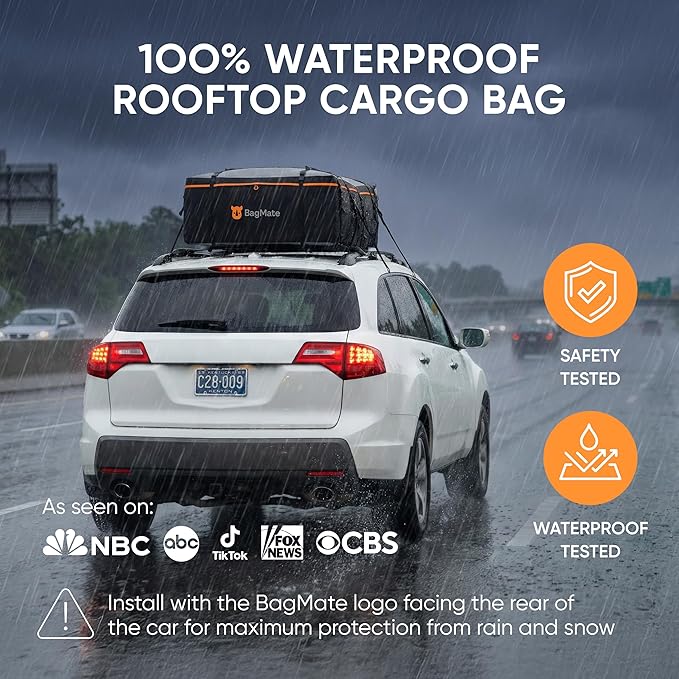 19 Cubic Feet Roof Bag – Safety Tested Heavy-Duty Waterproof Rooftop Cargo Carrier for All Cars & SUVs (with or Without Rack) – Includes Protective Mat & Storage Bag – Military-Grade 840D PVC