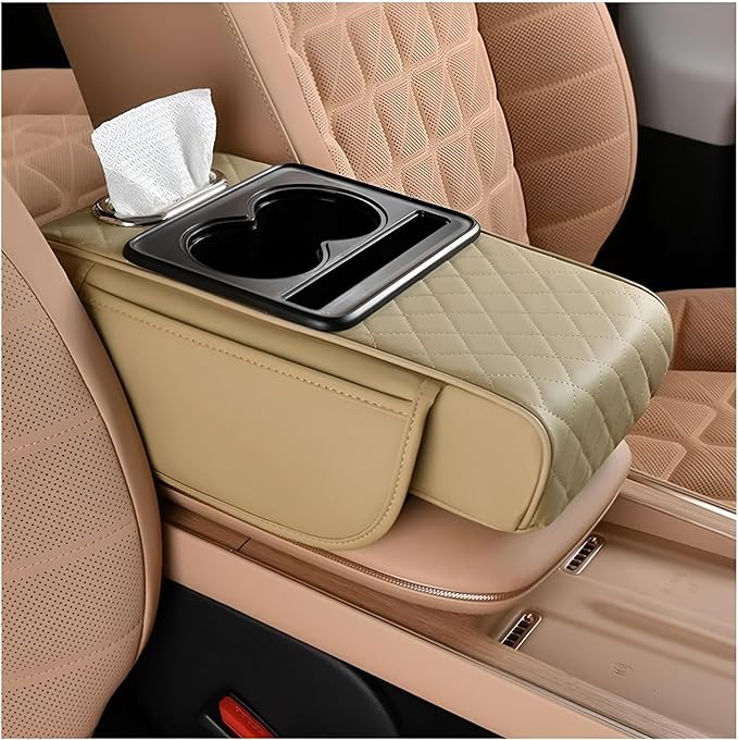 Zpana Car Center Console Armrest Pillow, Memory Foam Leather 4 in 1 Vehicle Arm Rest Cover with Tissue Box 2 Side Storage Bag Cup & Phone Holder, Auto Armrest Cushion, Universal Fit (Beige)