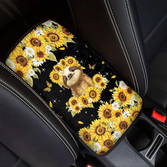 Suobstales Sloth Sunflower Daisy Butterfly Print Car Armrest Pad Soft Center Console Arm Rest Protector Cover Universal Car Interior Accessories Decoration
