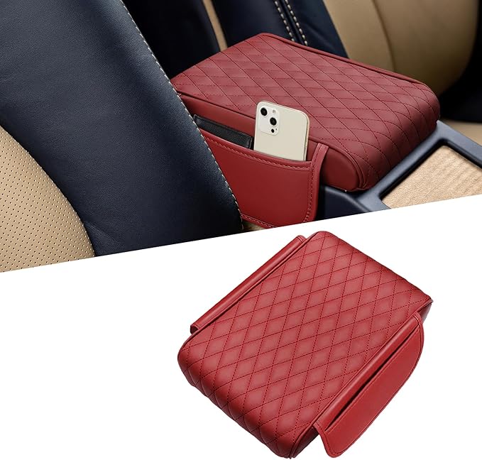 Car Center Console Cover, Napa Leather Car Armrest Cushion with Side Pockets, Memory Foam Auto Armrest Seat Box Mat, Universal Interior Armrest Protective Cover Accessories for Most Vehicle