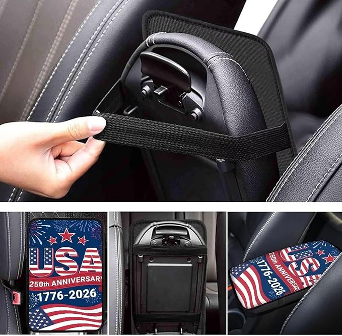 Dreaweet USA 250th Anniversary Center Console Cover 1776-2026 Flag Car Accessories Armrest Box Storage Mat Soft Comfort Arm Rest Cover for Car Truck SUV
