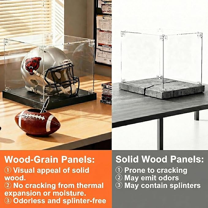 Football Helmet Display Case with Light Strip, Full Size Helmet Display Case with Wood Grain Base, UV Protection Helmet Showcase for Football, Hockey, Baseball, Motorcycle Helmets, Memorabilia Sports