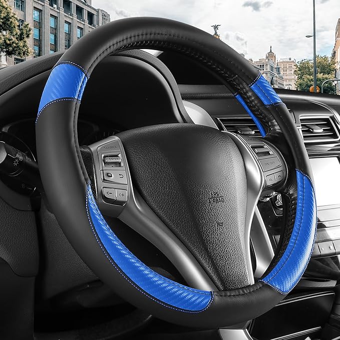 Non-Slip Car Nappa Leather Steering Wheel Cover,Universal Car Accessories Women Men Fit 14" 1/2-15" Suvs/Vans/Sedans/Cars/Trucks,Blue