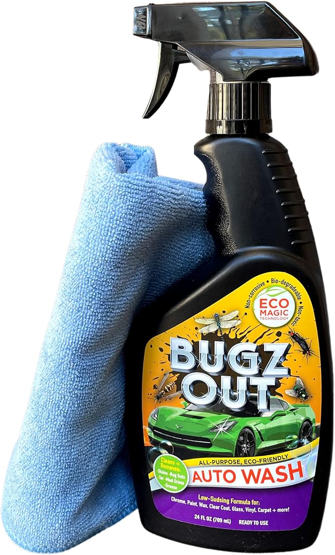 Bugz Out Car Bug Cleaner, Remover & Wash - Spray Bugs, Tar, Bird Poop Off Exterior of Car & Windshield. Remove Black Streaks Without Scratching or Removing Paint. 24 oz bottle w/ Microfiber Cloth