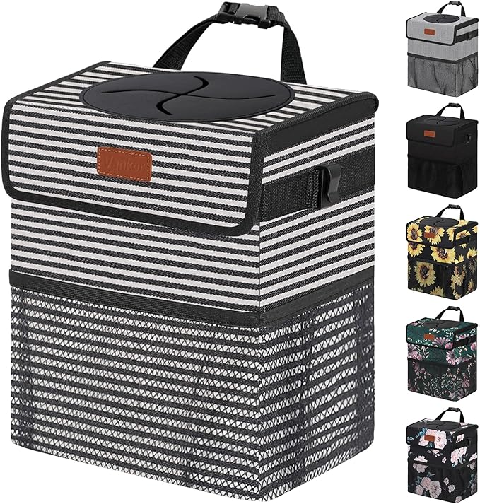 Vankor 3 Gallons Car Trash Can with Lid, Car Trash Bag Bin Hanging Waterproof Automotive Garbage Cans Leak Proof Vehicle Trash Can Stripe