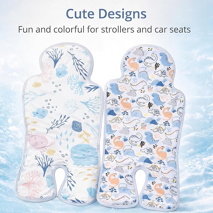 Pinkunn 2 Pcs Gel Car Seat Cooling Pad for Baby Summer Breathable Ice Cushion Multifunctional Ice Stroller Cooler Mat for Stroller Baby Dining Chair Child Safety Seat(Vibrant Color,Dinosaur, Sea)