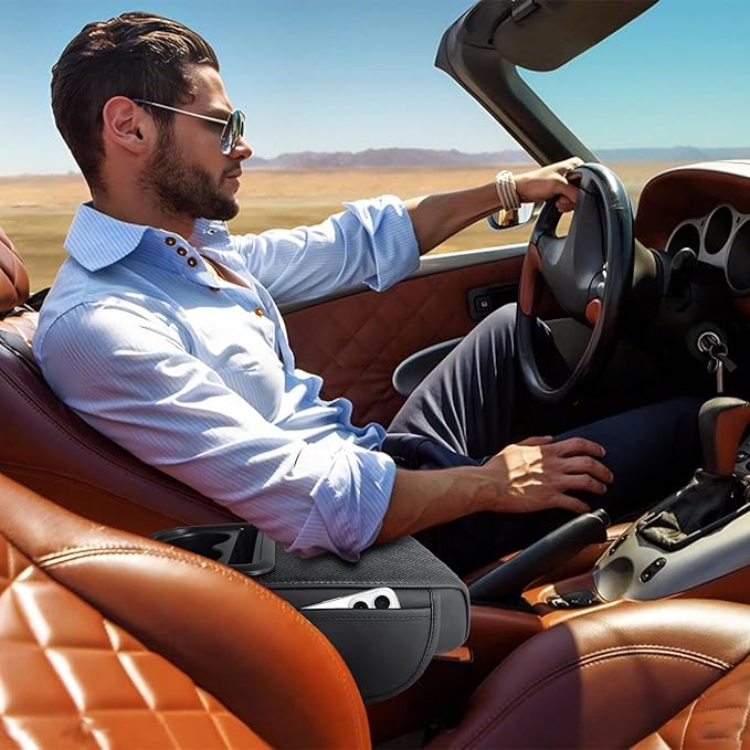 Car Middle Center Console Cover with Cup Holder for Long Driving,Car Armrest Storage Box with 2 Cup Holders for SUV,Truck-2.95in Height-Lifts Arms to Relax Muscles, Scratch-Resistant