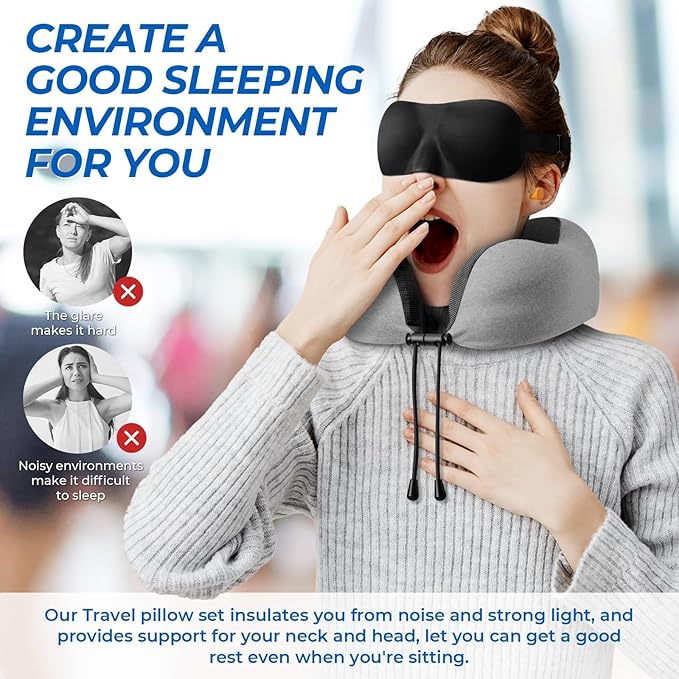 Travel Pillow, Travel Pillows for Sleeping Airplane, Neck Pillow Airplane, Memory Foam Neck Pillow Set with Eye Mask, Earplugs and Storage Bag -Light Grey