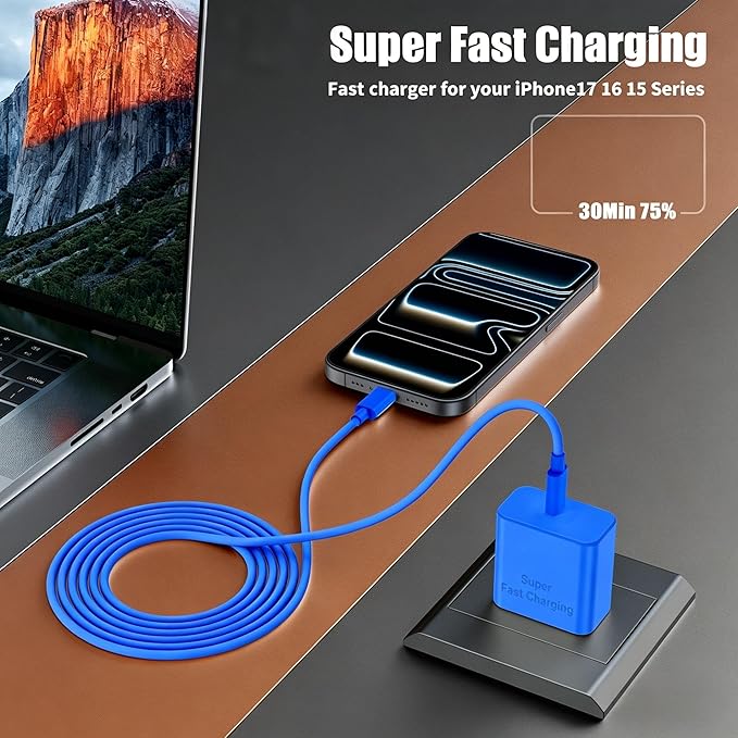 iPhone 17 16 Pro Max Charger Fast Charging, Super Fast USB C Chargers for iPhone 17(6FT+6FT+10FT) Type C Chargers Cord with Fast Charger Block for iPhone 17/16/15 Series/iPad/ GalaxyS26/S25/S24 Blue
