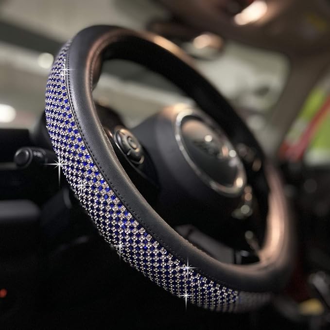 PINCTROT Bling Bling Comfy Steering Wheel Cover with Jumbo Crystal Rhinestones, Anti-Slip Diamond Leather, Universal 15 Inch (Blue)