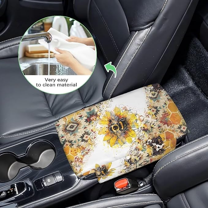 Tupalatus Aztec Car Center Console Cover Water-Resistant Sunflower Universal Arm Rest Cushion Breathable Comfort Armrest Cover with Pockets Easy Installation Fit for Most Cars
