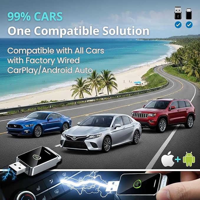 2-in-1 Wireless CarPlay & Android Auto Adapter (2026 Upgraded WiFi 6-BT 5.4) Wired to Wireless Converter | Multi-User Seamless Connection | Easy Setup-Plug & Play | Auto Reconnect | Cars from 2015+