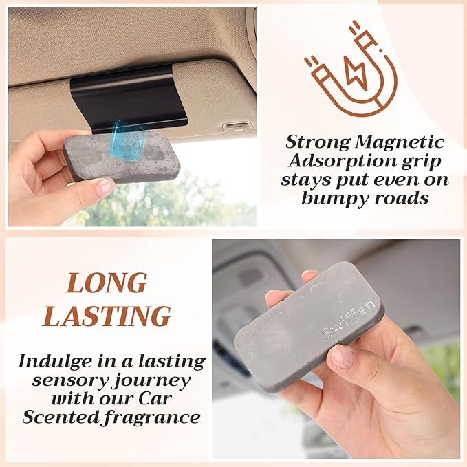 4 Pcs Car Air Freshener Set Stone Air Freshener Vehicle Scent Diffuser Car Odor Eliminator, 4 Long Lasting Scents Amber Coconut Grove Tectona Grandis Refills, Metal Clip Included