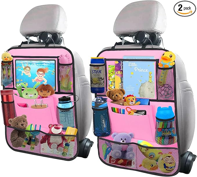 ULEEKA Car Backseat Organizer with 11" Table Holder, 10 Storage Pockets Seat Back Protectors Kick Mats for Kids Toddlers, Travel Accessories, 2 Pack, Pink