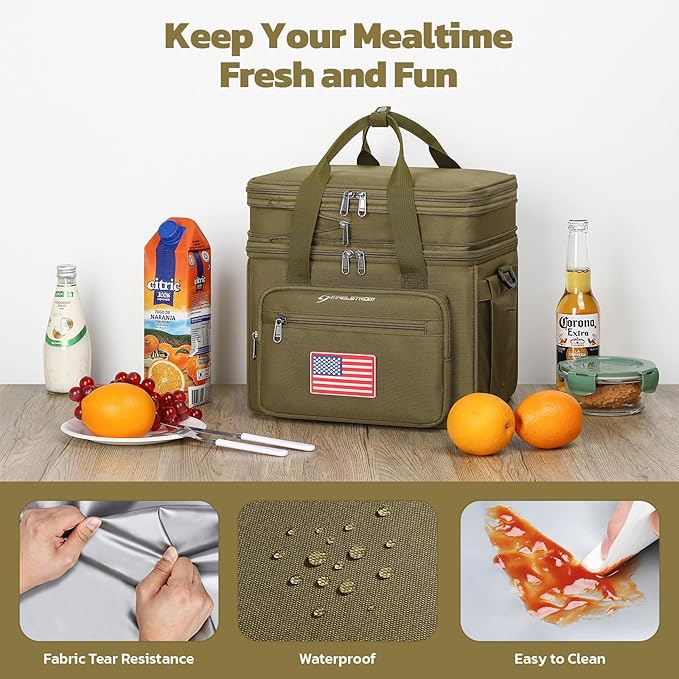 Maelstrom Lunch Box, 23L Insulated Lunch Bag, Expandable Double Deck Cooler Bag, Lightweight Leakproof Tote Bag With Side Tissue Pocket, Suit For Men and Women (H Khaki with DIY Hook-and-Loop)