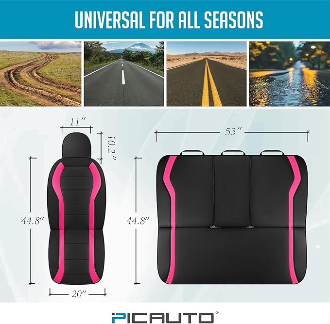 PIC AUTO Leather Car Seat Covers, Premium Automotive Waterproof Front & Rear Full Set Bucket Car Seat Protectors, Black and HotPink PVC Patchwork, Fits for Cars, Trucks, Van, SUV, Airbag Compatible