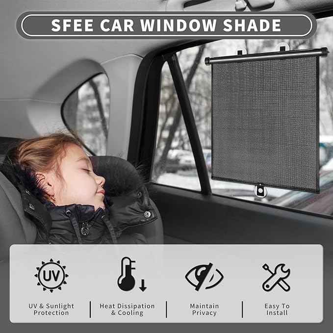 Sfee Car Window Shade for Side Windows, 2 Pack Sun Shade Retractable for Car Blocks Heat and UV Rays Glare Protection Roller Sunshade Visor for Baby, Kids, Pets, Passengers