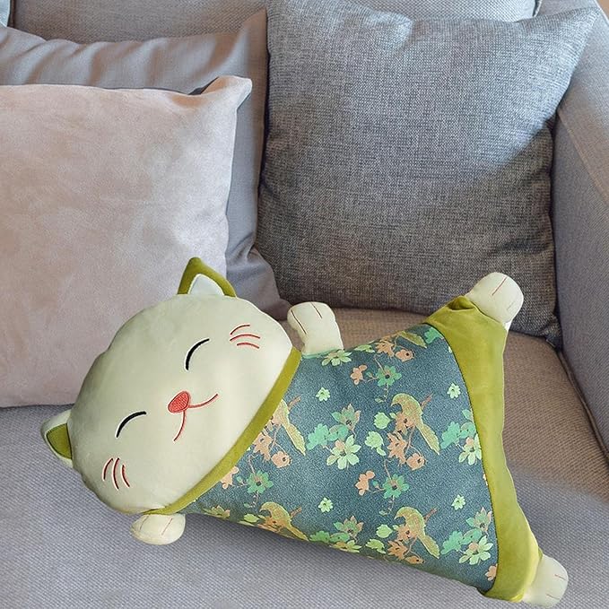 Lucky Cat Pillow Seat Cushion Detachable Belt Waist Cushion Lumbar Support Cushion for Car, Green