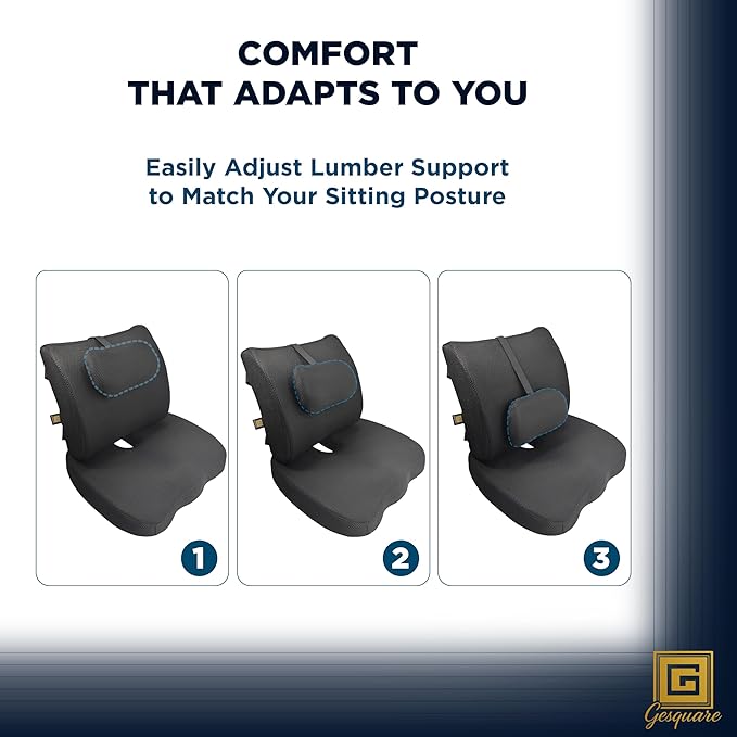 GESQUARE 3-Piece Memory Foam Seat Cushion & Lumbar Support Pillows Set – Adjustable Back Support for Office, Car & Gaming Chairs – Tailbone & Coccyx Comfort for Long Sitting.