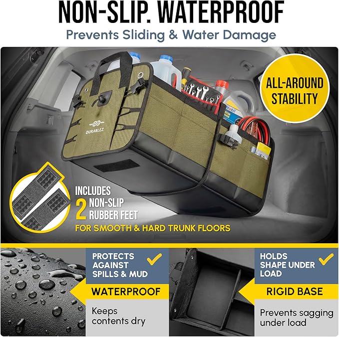 Heavy Duty 3-Section Trunk Organizer – Extra Large Collapsible & Foldable Cargo Box, Modular Car Storage System for SUV, Truck, Van – Green