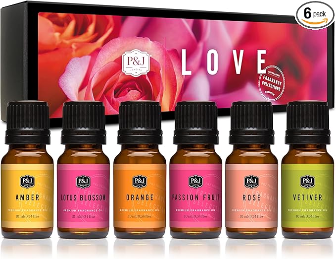 P&J Trading Fragrance Oils for Diffusers for Home Love Set Fragrance Scents for Candle Making - Soap Making Supplies - Car Diffuser Scents - Essential Home Gift Set - Amber, Lotus Blossom & More