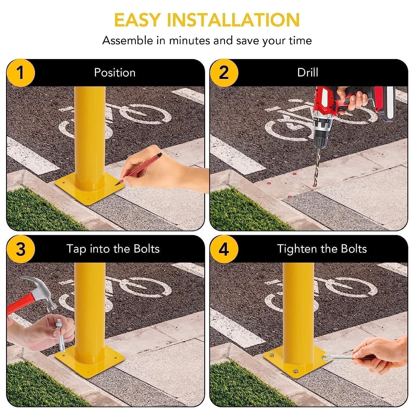 4-Pack Heavy Duty Safety Bollards, 42" Height, 4.5" Diameter Steel Pipe Bollard Post with 16 Anchor Bolts, High-Visibility Yellow Parking Bollard for Traffic Control, Warehouses, & Pedestrian Safety