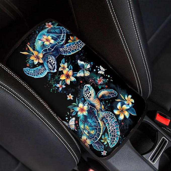 Car Center Console Cushion Pad Comfortable Auto Center Console Armrest Cover, Turtle Floral Car Interior Accessories Auto Armrest Box Cushion Pad for Most Cars