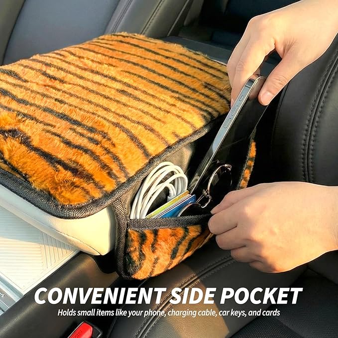 Plush Tiger Print Car Center Console Cover with Side Pockets, Fluffy Armrest Cushion Pad,Soft Car Interior Decorations Accessories with Storage for Women,Universal Fit for Vehicles SUV Truck