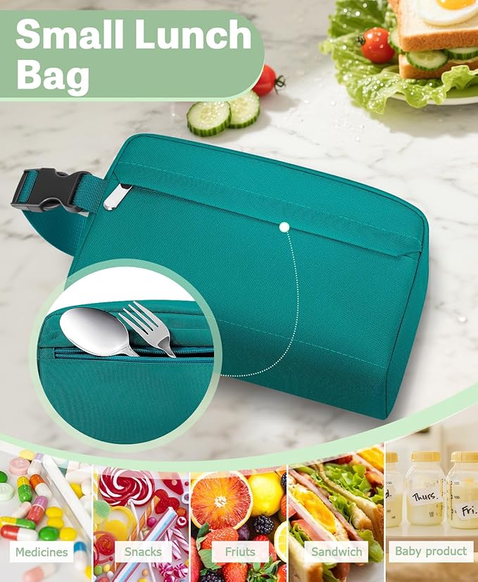 Small Insulated Snack Bag Lunch Bag for Kids Lunch Box for Women/Men, Collapsible [3L/5-Can] Reusable Lunch Bag Cooler Bag for Bottle with Handle Buckle for Work/School/Travel,Peacock Green