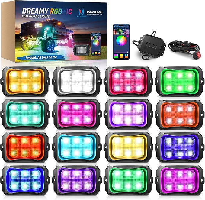 MICTUNING C2+ RGB+IC Rock Lights - 16 Pods Dynamic Chasing Color Underglow Neon Kit, Extensible to 24 Pods, Bluetooth APP Control & IP68 Waterproof, for Trucks Cars ATV UTV Golf Cart (2 Year Warranty)