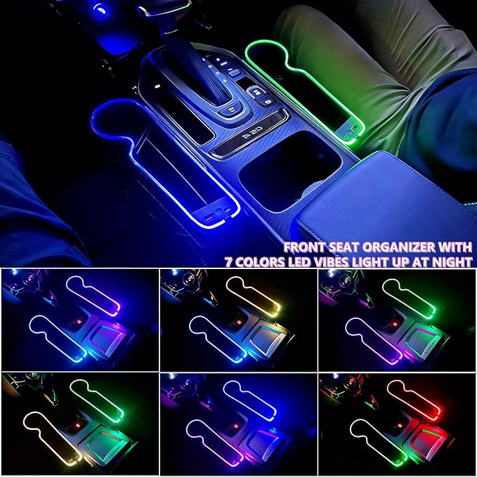 7 Colors LED Car Seat Gap Organizer Front Seat Organizer with 56W Fast Charger Center Console Gap Filler with USB Type C Charging Car Organizer with Cup Holder,LED Auto Interior Accessories (Black)