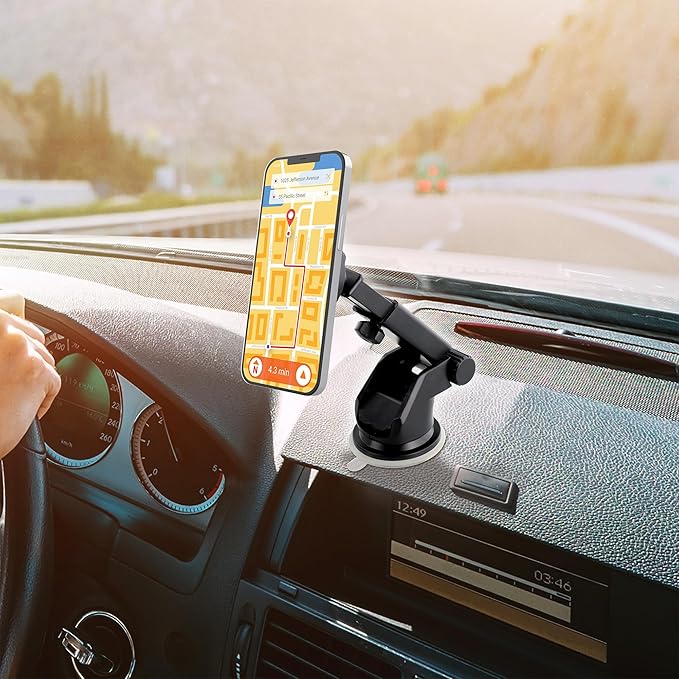 Armor All Magnetic Phone Mount for Car, Dashboard & Windshield Phone Holder with Industrial Suction Cup for MagSafe Phones, iPhones, Includes Magnet Ring for Samsung, Non-Magnetic Phones, & Cases