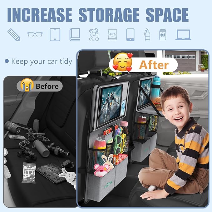 Plzpik Car Backseat Organizer with Tablet Holder,11 Storage Pockets with Foldable Food Tray, Protector Kick Mats for Kids, Travel Accessories Organizer (Gray, 1Pack with Food Tray)