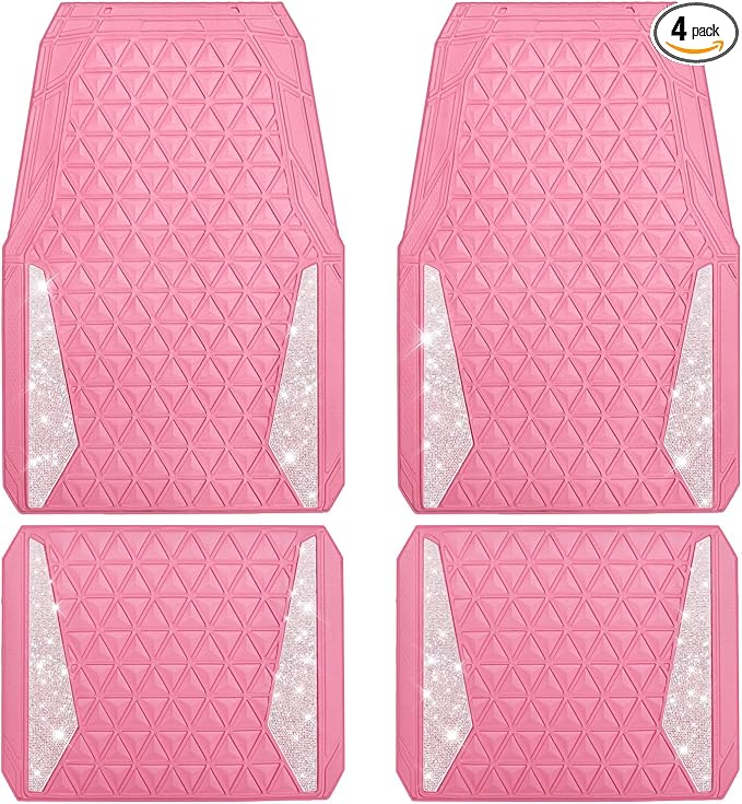 CAR PASS Bling Diamond Car Mats Rubber Floor Mats Full Set Anti-Slip 3D Rhombus Waterproof Trim to Fit Liner Universal Glitter Crystal Sparkly Shining Rhinestone Girl Women SUV Sedan Van, Pink Rubber