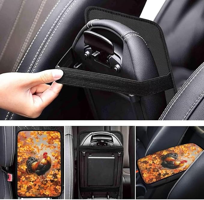 Suobstales Rooster Chicken Maple Leaves Print Car Armrest Pad Thanksgiving Decoration Soft Center Console Arm Rest Protector Cover Universal Car Interior Accessories Decoration