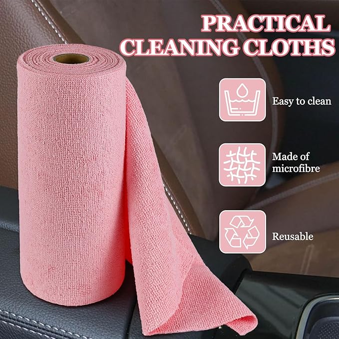 wuyaoyao 50PCS Microfiber Cleaning Cloth Roll, 10"×10" Tear Away Microfiber Towels, Reusable Washable Cloth Paper Towels, Multi-Purpose Cleaning Rags for Car Home Kitchen Garage Shop (Pink)