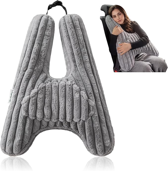 HIGOGOGO Washable Travel Pillow, Car Pillow for Kids & Adults, Upgraded Travel Pillows with Removable Soft Cover and High-Support Foam, Fix Neck and Body Sitting/Sleeping on The Trip, Dark Grey