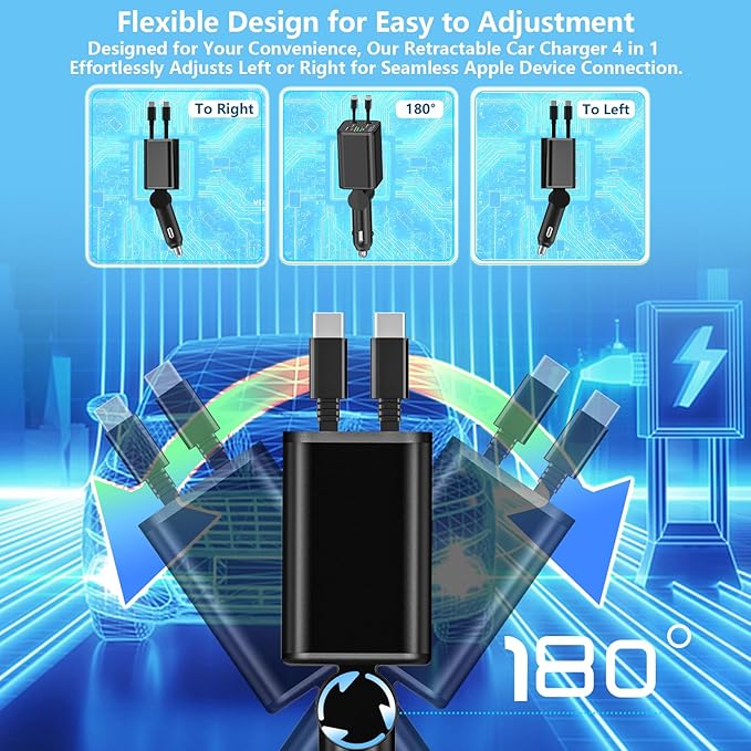 [Apple MFi Certified] Retractable Car Charger USB C, Caiinei 120W USB C Car Charger 4 in 1 PD/QC Type C Fast Charging Cigarette Lighter Adapter for iPhone 17/17 Pro Max/16 Pro/15/Galaxy S25/S24/Pixel