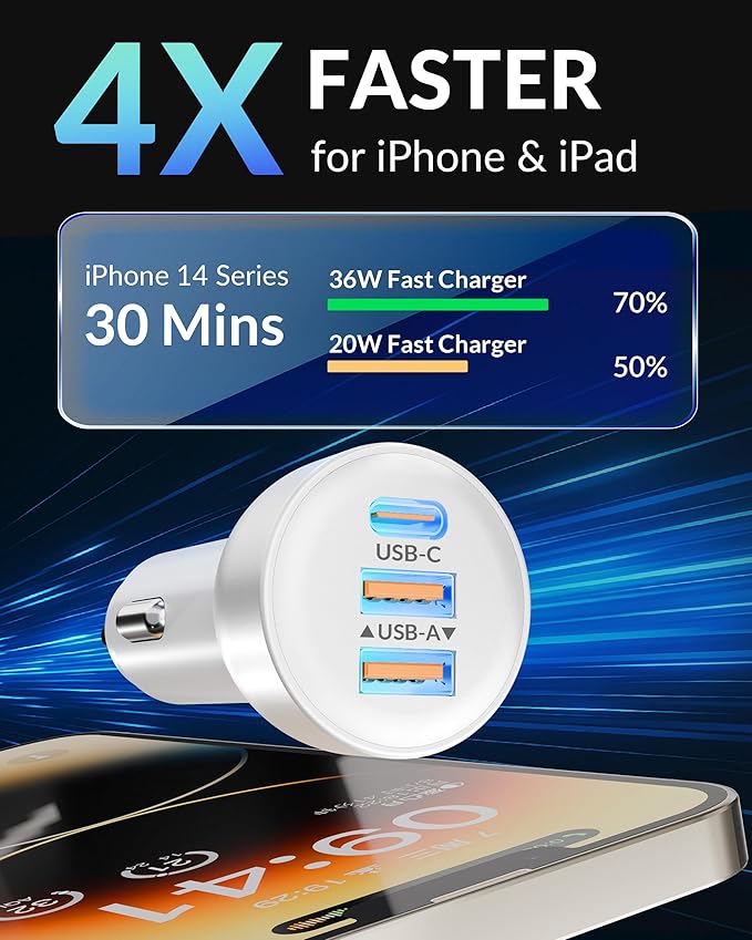 3-Port 70W Fast Car Charger for iPhone 14 13 12 11 Pro Max Plus Mini SE XR XS X 8 7 6, iPad, 2Pack USB Carplay Cord &Lightnings Charging Cable and USB-C&A Car Charger Adapter Cigarette Lighter