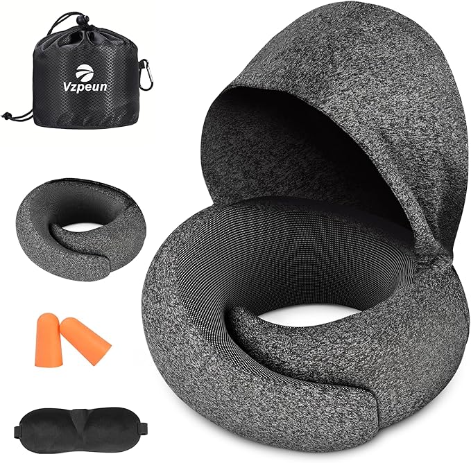 Travel Pillow - Hooded Neck Pillow Airplane Memory Foam Filling for Plane, Office, Cars Sleeping, Road Trip, Long Flights, Airplane Travel Essentials, Includes Eye Mask & Earplugs (Dark Gray)