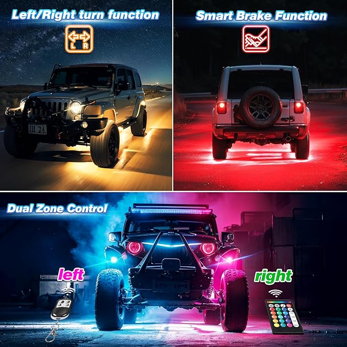 4 Pods Alloy RGB LED Rock Lights for ATV UTV RZR SUV SXS Golf Cart Trucks Car, Metal Waterproof Multicolor Underglow Kit with APP/RF Dual Remote Control Music Sync Brake Light, Neon Underbody 12V