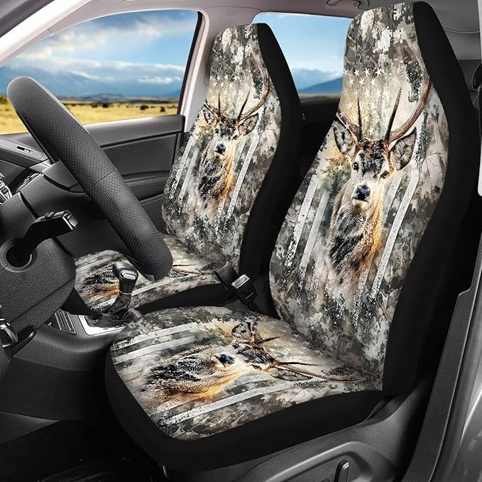 KEIAHUAN Car Seat Cover Full Set of 4 for Men Front Saddle Blanket Rear Split Bench Protection Cover Car Interior Accessories Decoration Fit Most Trucks, SUV or Vans American Flag Camo Deer Hunting