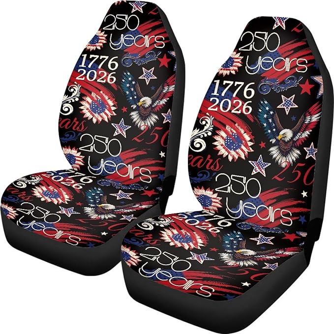 ELEQIN 250 Patriotic American Flag Car Front Seat Covers, 2 Pack Polyester Automotive Seat ProtectorsSoft & Breathable, Automotive Interior Accessories for Most Cars