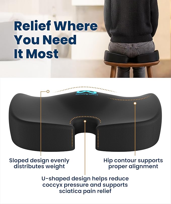 Everlasting Comfort Doctor Recommended Memory Foam Seat Cushion for Office Chairs & Car - Ergonomic Office Desk Accessories - Cushions for Tailbone Pain Relief, Sciatica (Black Airflow, Large)