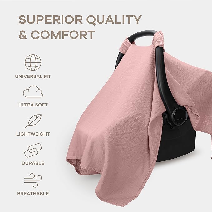 Comfy Cubs Baby Car Seat Cover - Soft, Breathable Bamboo Rayon and Muslin Cotton Blend - Lightweight Canopy for Sun, Bug, and Comfort Protection - Large Size Infant Seat Cover in Mauve Design
