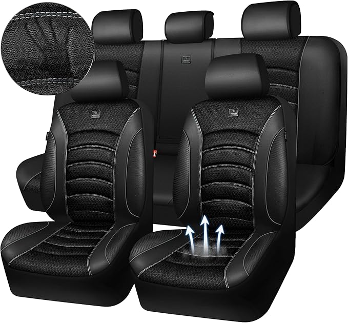 CAR PASS Comfortable 3D Foam Mesh Leather Car Seat Covers Full Sets, Air Cool Mesh Breathable Seat Covers for Car, Universal 5 Seats Fit for SUV Truck Sedan Automotive, Airbag Compatible,Black Gray