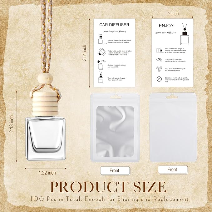 Boao 100 Sets Hanging Car Air Freshener Diffuser Bottles with Instruction Card and 4 x 6'' Resealable Holographic Bag for Empty Car Essential Oil Perfume Bottles Packaging (Cube)